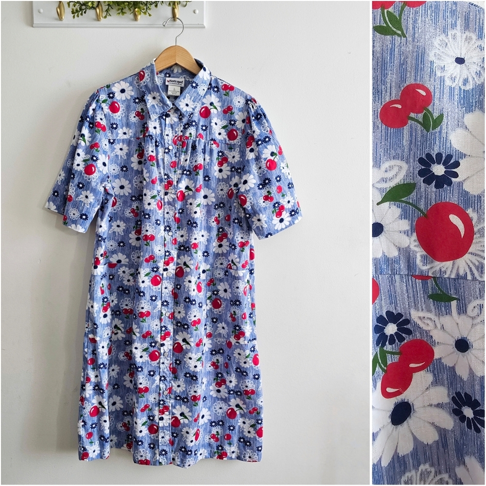 Vintage National Cherry Floral House Dress Snal Button Cottagecore Midi Women L
